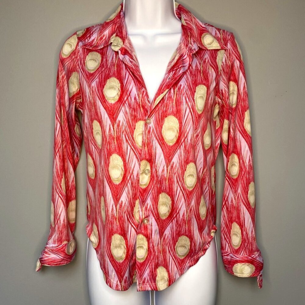 Vintage Calvin Klein Pink Peacock Print Tie Cuff Button-Up Blouse Women's Size M